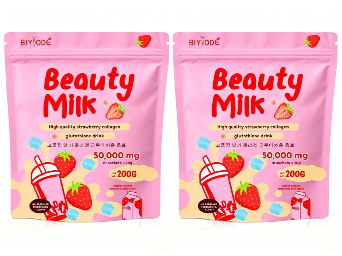 BIYODE Beauty Milk Strawberry Collagen Glutathione Powder Sachets Skin Glow Support with Vitamin D and Calcium, 10 Sachets