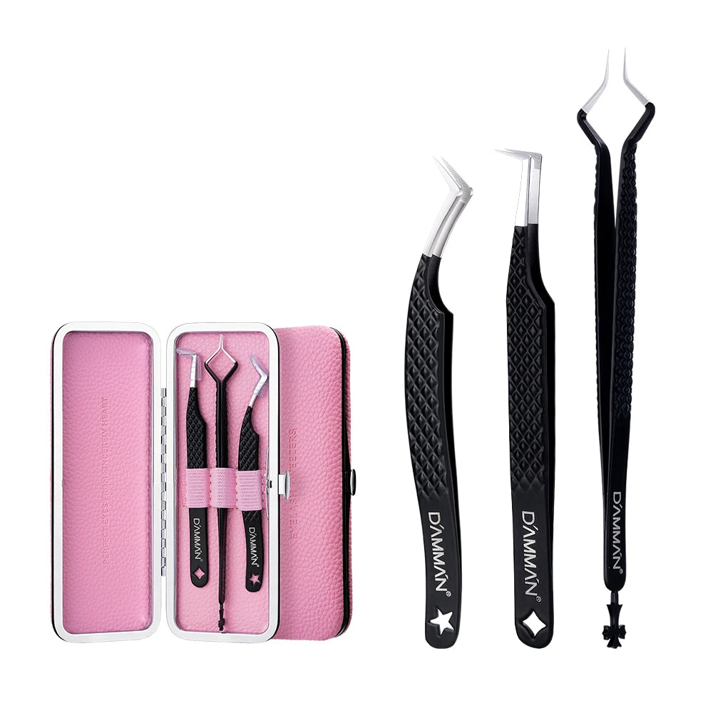 DAMMAN 3PCS Lash Tweezers Set Fiber Tip Tweezers for Eyelash Extension High Precision Eyelash Tweezers with Leather Case