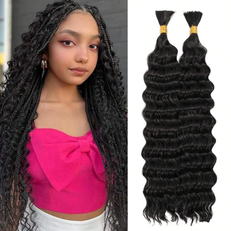 Deep Wave 1B Human Hair Bulk No Weft Curly Braiding Hair Extensions, Soft Real Human Hair Bulk For Making Knotless Boho Braids Various Fashion Braided Hairstyles For Ladies
