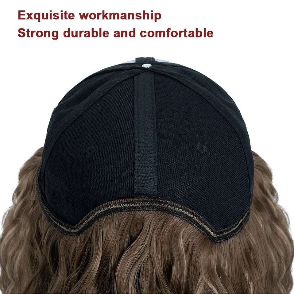 Benehair Hat Wig for Women 8 Inches Wave Baseball Cap Wig with Curly Hair Extensions Wig Synthetic Wave Wig Hat Adjustable Brown