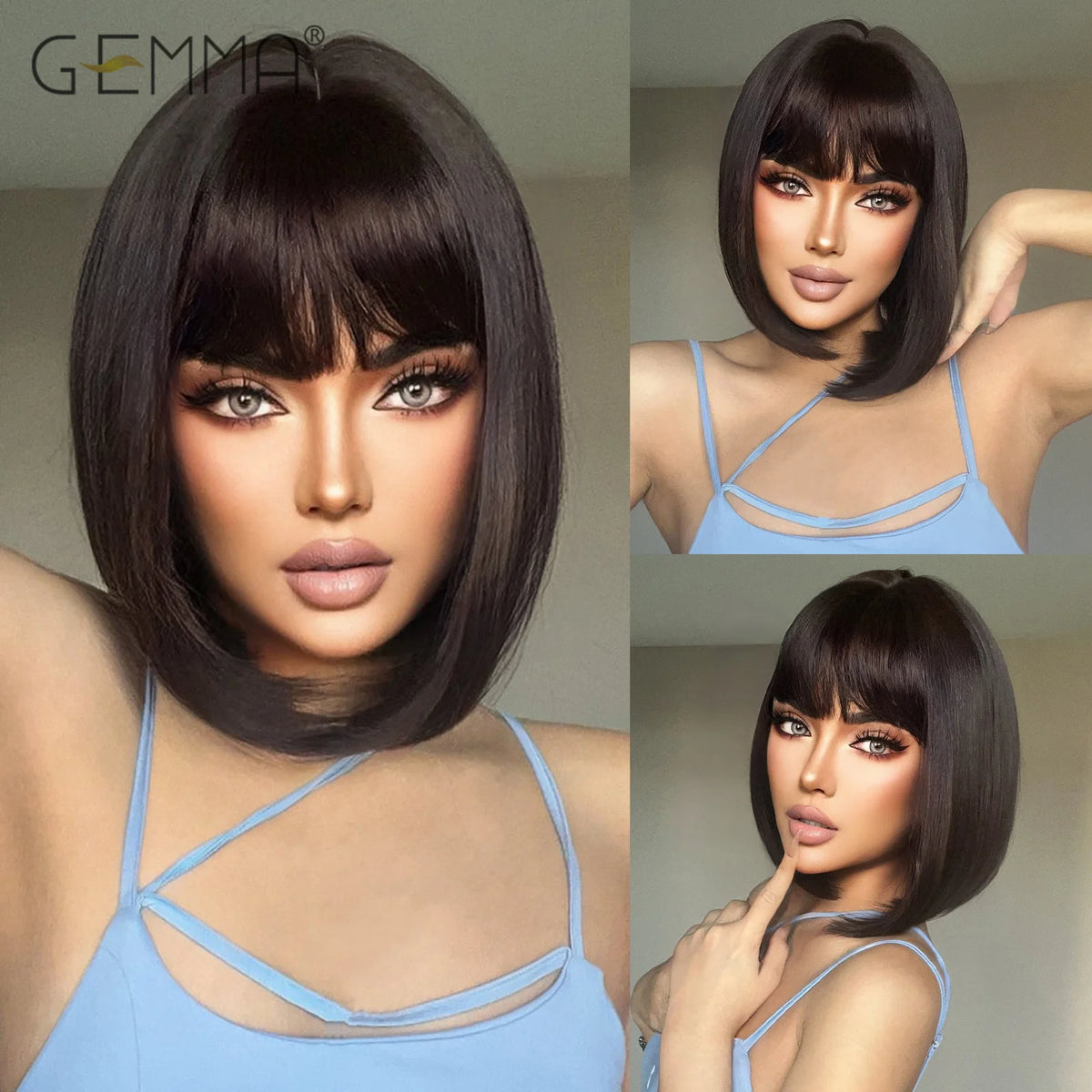 GEMMA Dark Brown Bob Synthetic Natural Hair Wig with Fluffy Bangs for Women Short Straight Wigs Heat Resistant Daily Cosplay Wig