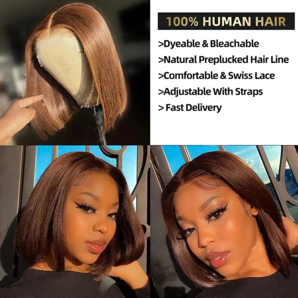 8-16 Brazilian Short Bob Wigs #4 Brown Straight 13x4 HD Transparent Lace Frontal Wigs Pre Bleached Glueless Short Bob Wigs Hair