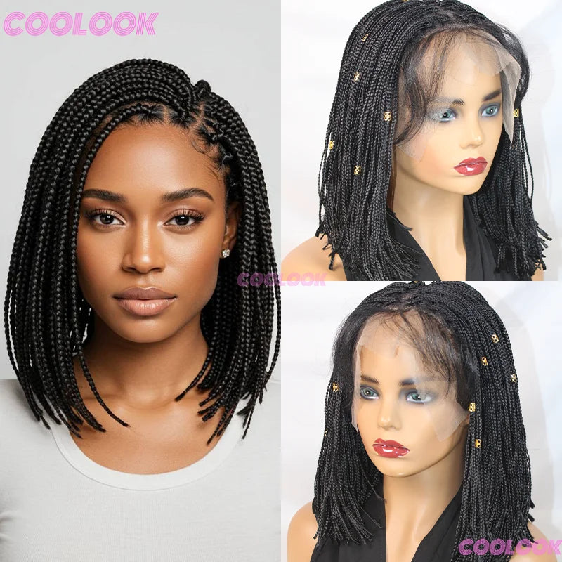 12" Short Braided Wigs For Women Synthetic Wig 6*6 Lace Braids African Wigs Cornrow Micro Black Wig