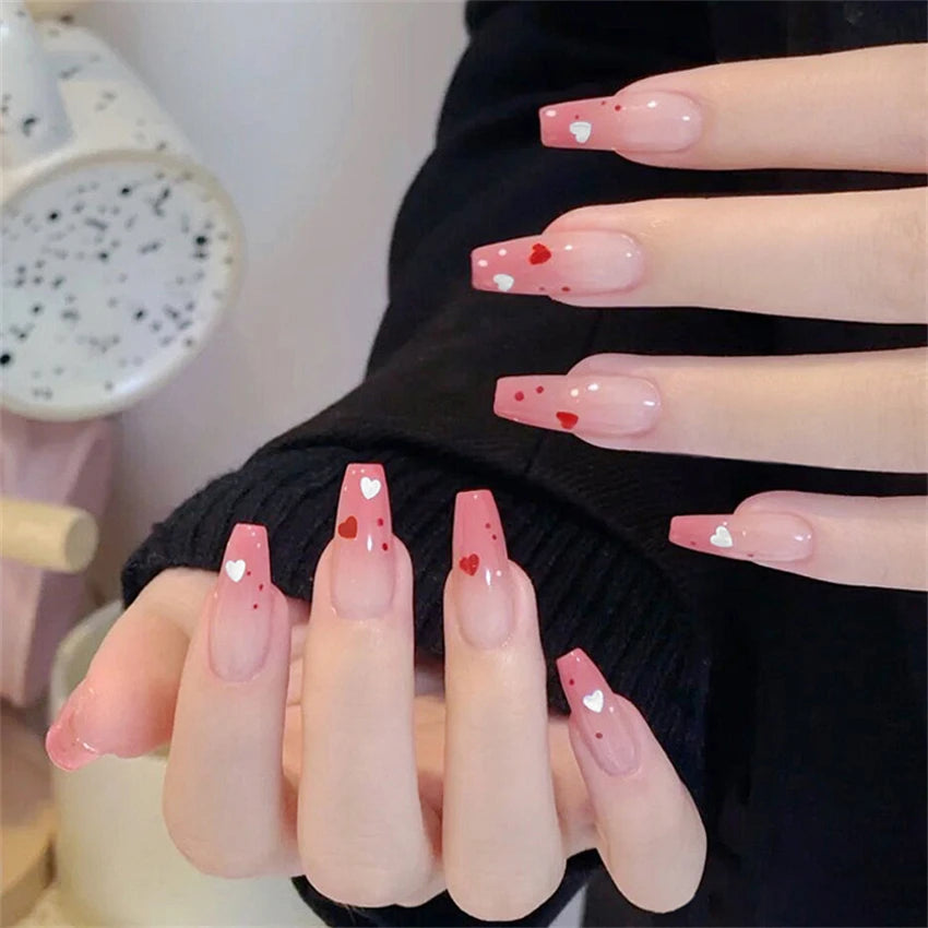 24 Pcs/Set Valentine's Day Long Almond Fake Nails Shape Novelty Pearl Bow Love Press on Nails Art Full Cover Stick-on Nails Tips