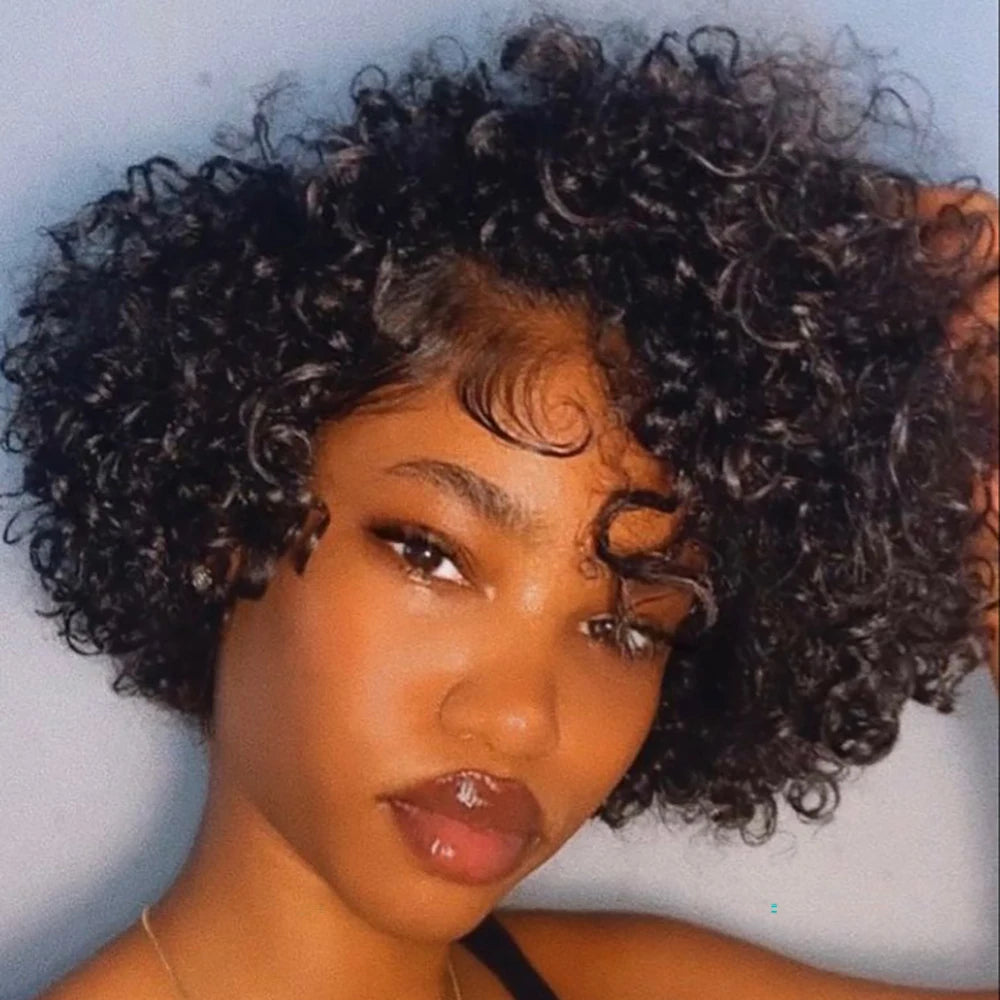 Short Pixie Cut Wig Wet and Wavy Curly Wigs Brazilian Human Hair Full Machine Made Wig with Bangs for Women Water Wave Short Wig