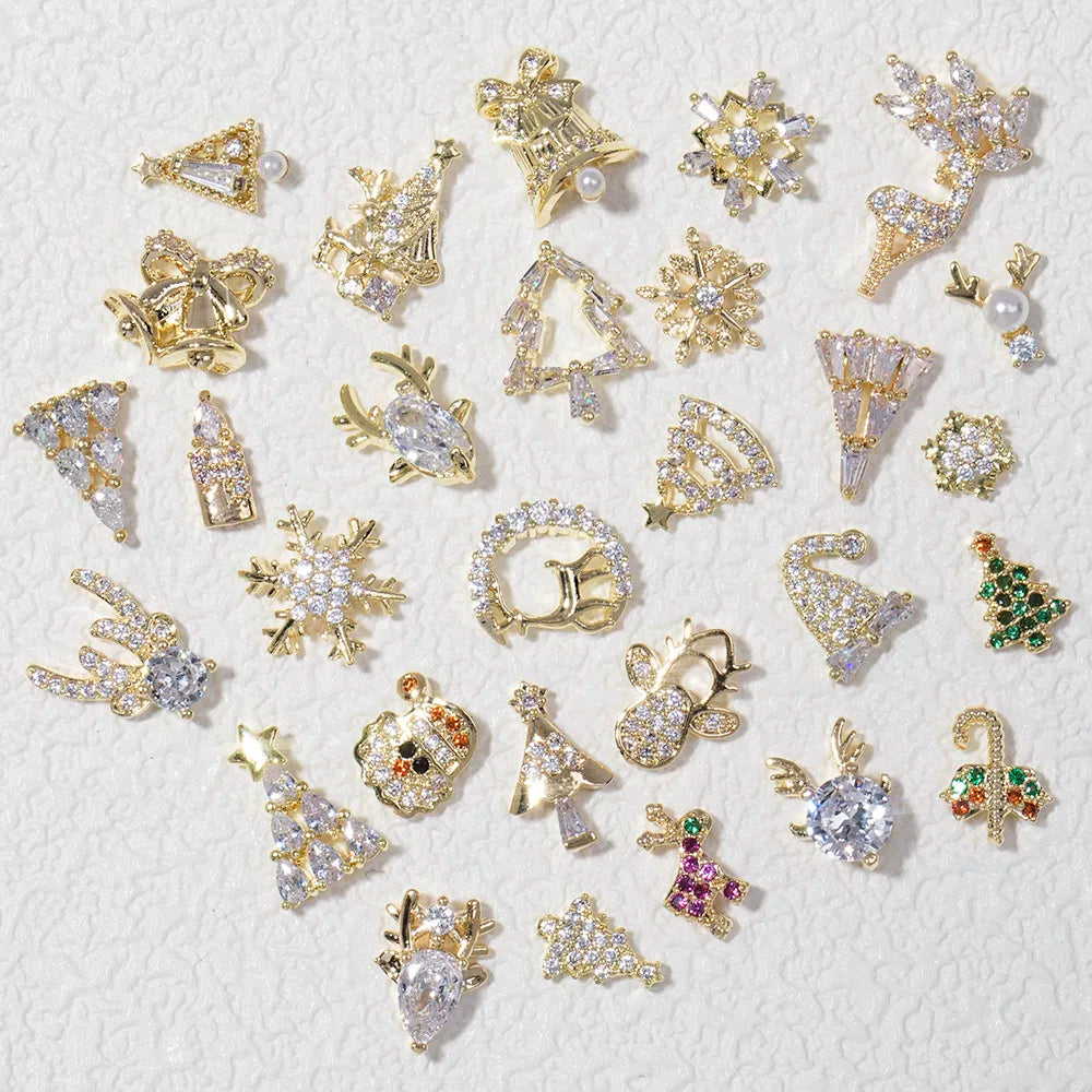 5Pcs Nail Art Jewelry Christmas Zircon Alloy Diamond Snowflake Christmas Tree Elk Bells Super Flash Luxury Nail Accessories