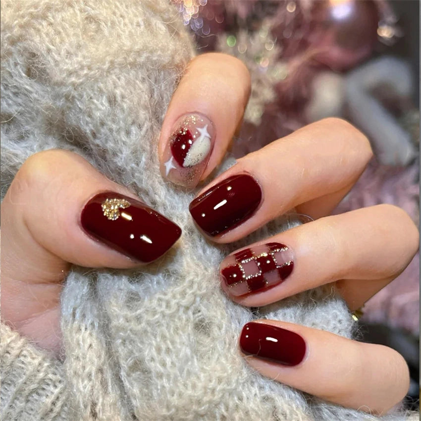 24 Pcs/Set Valentine's Day Long Almond Fake Nails Shape Novelty Pearl Bow Love Press on Nails Art Full Cover Stick-on Nails Tips