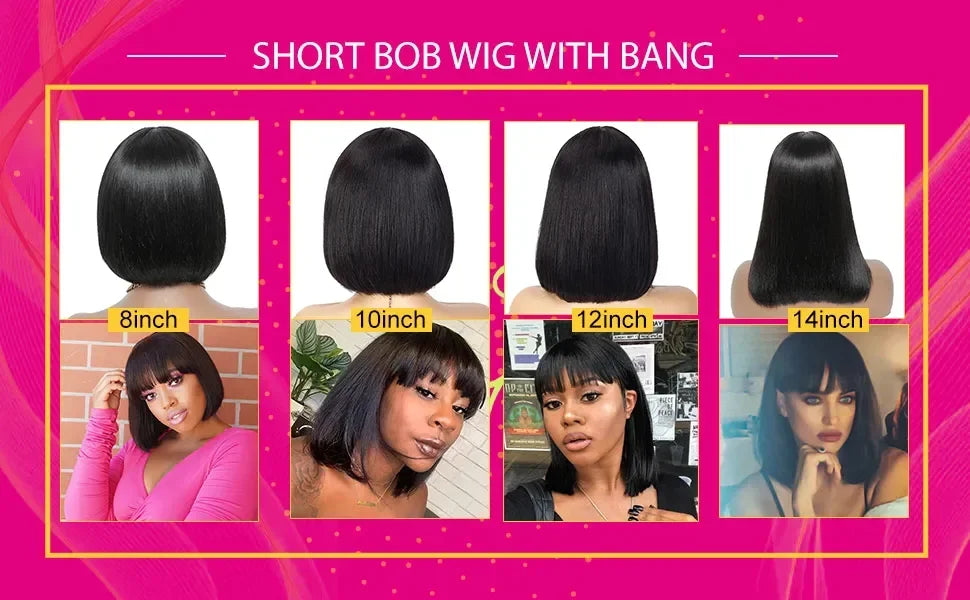 Peruvian Hair Straight Bob Non Lace Wigs 100% Human Hair Wig With Bang Natural Color Short Inch Bob Lace Wig For Black Women