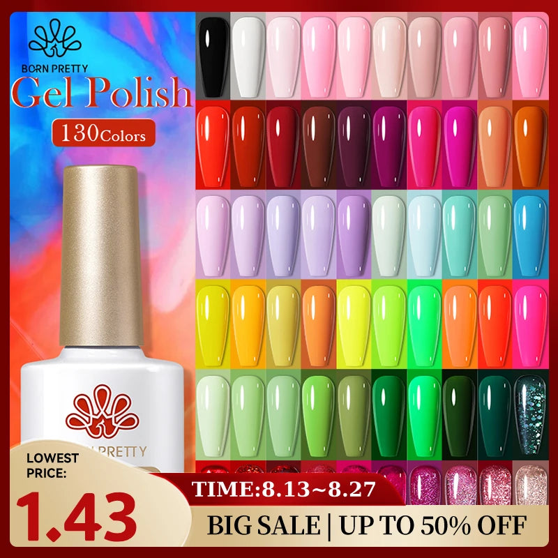 BORN PRETTY 10ml Gel Nail Polish Gel 130 Colors Semi Permanent Solid Nail Gel Varnish Soak Off UV Gel for Base Top Coat