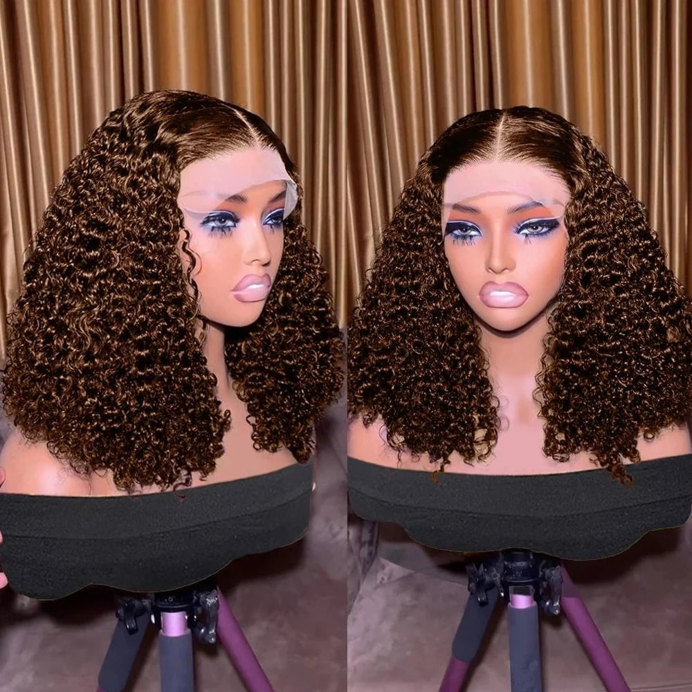 250% Dark Brown Deep Wave Short Bob Wig Human Hair Curly Transparent Lace 13x4 Human Hair Wigs Pre Plucked 10-16 Inch