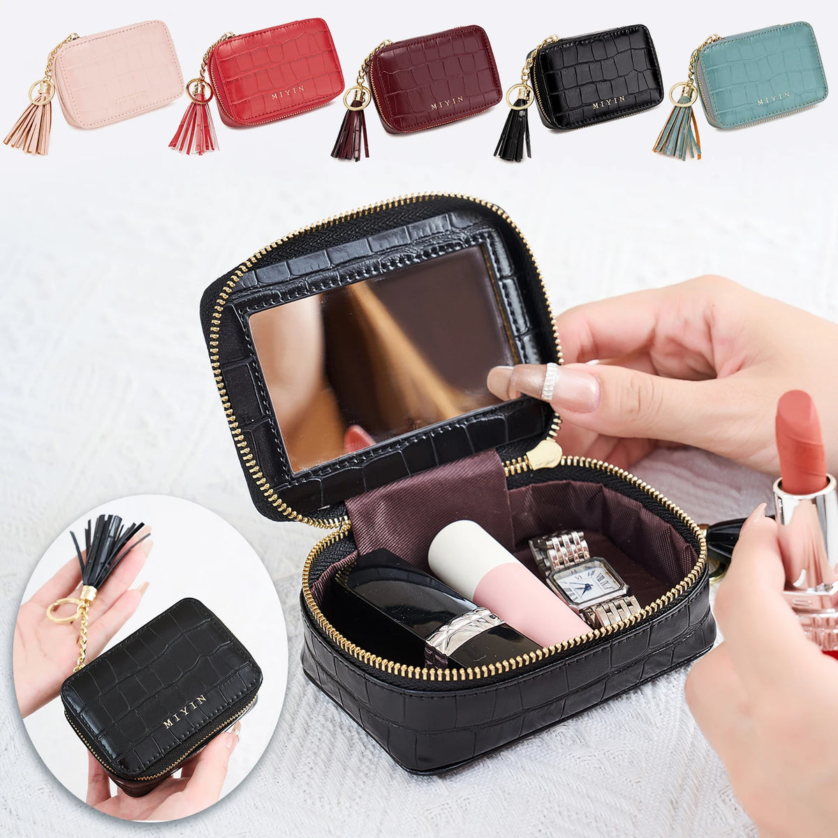 Mini Lipstick Makeup Bag Multifunctional Portable Travel Organizer Crocodile-Patterned PU Leather Womens Toiletry Bag Coin Purse