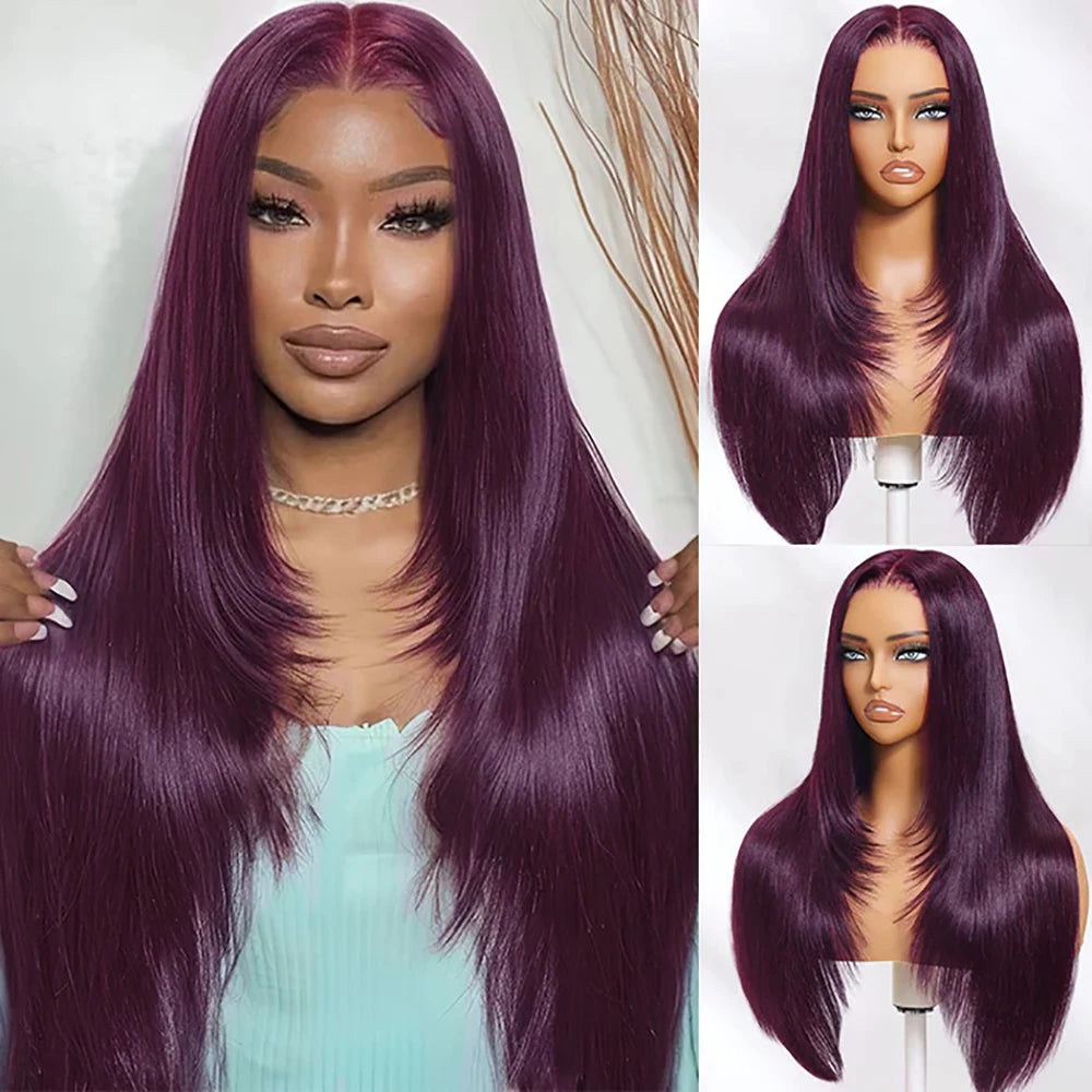 13X6 Dark Burgundy Straight Lace Front Wigs HD Layered Cut Lace Frontal Wig Synthetic Pre Plucked Glueless Lace Wigs For Women