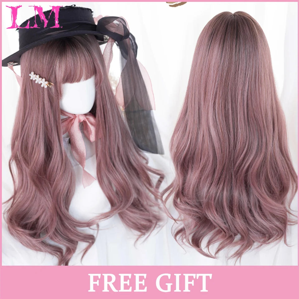 LM Cosplay Wig With Bangs Synthetic Straight Hair 24 Inch Long Heat-Resistant Pink Wig For Women