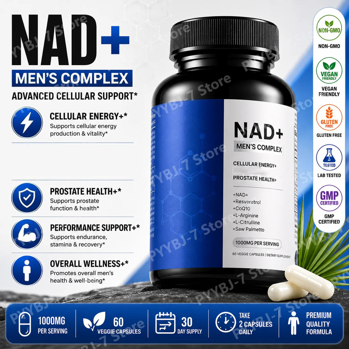 NAD+ Men’s Complex with L-Arginine CoQ10 & Resveratrol – Daily Energy Antioxidant & Wellness Support Vegan Non-GMO 60 Capsules