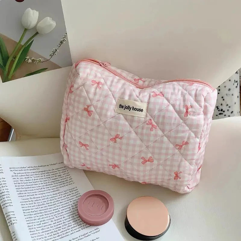 New Cartoon Bow Knot Tote Makeup Zipper Bag Women Large Capacity Quilting Pouch Washbag Cute Portable Cosmetic Storage Bag