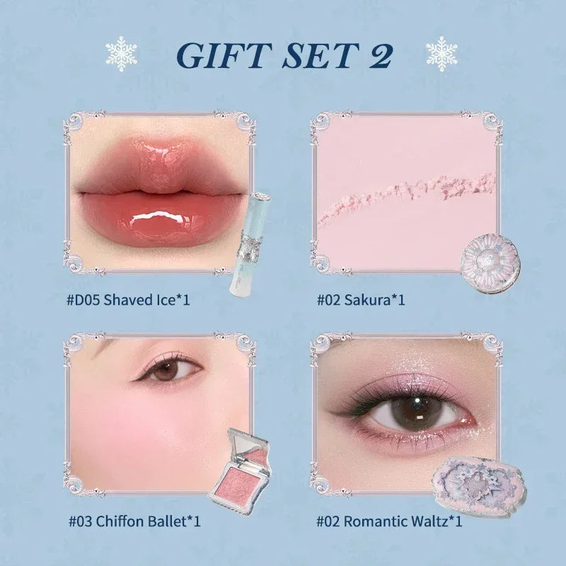 Flower Knows Snow Ballet Makeup Christmas Gift Set Eyeshadow,Blush,Lip Glaze Setting Powder with Cosmetic Bag Beauty Kit