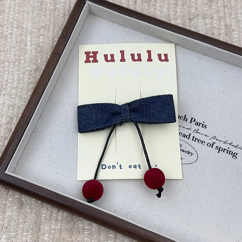 Winter Denim Fabric Cherry Bow Children's Hairpin Cute Girl Hair Band Christmas Decoration Headgear Hairpin New Year Gifts