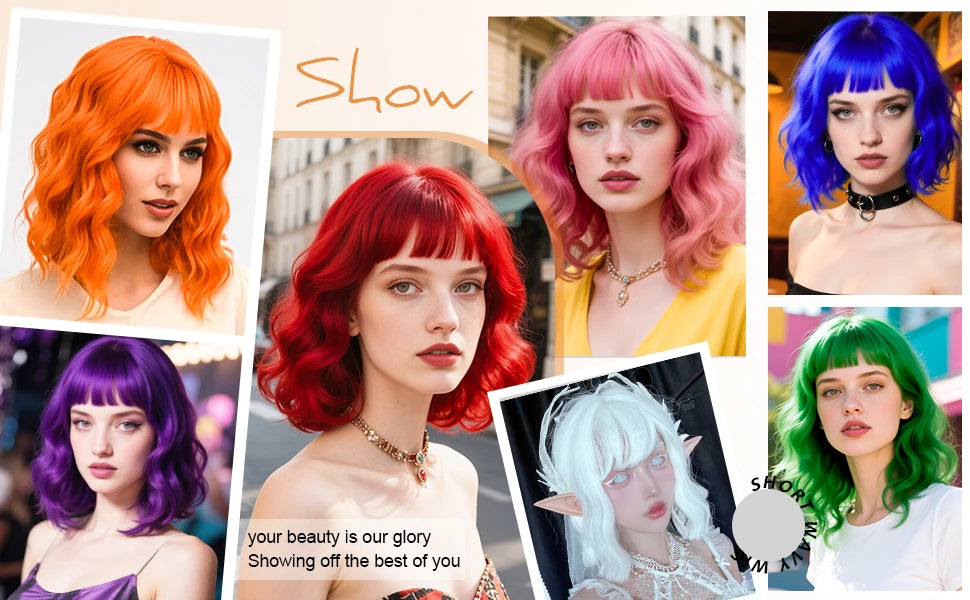 14inch Short Wavy Bob Synthetic Wig with Air Bangs Heat Resistance Shoulder Length Curled Wigs for Daily Use Cosplay for Women