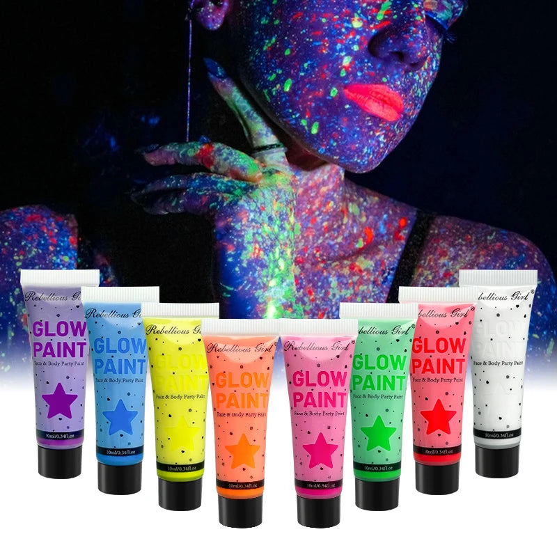 10ml 8 Colors UV Blacklight Face Paint with tattoo stickers，Fluorescent Neon Body Paints,Washable Quicker, Mardi Gras Halloween