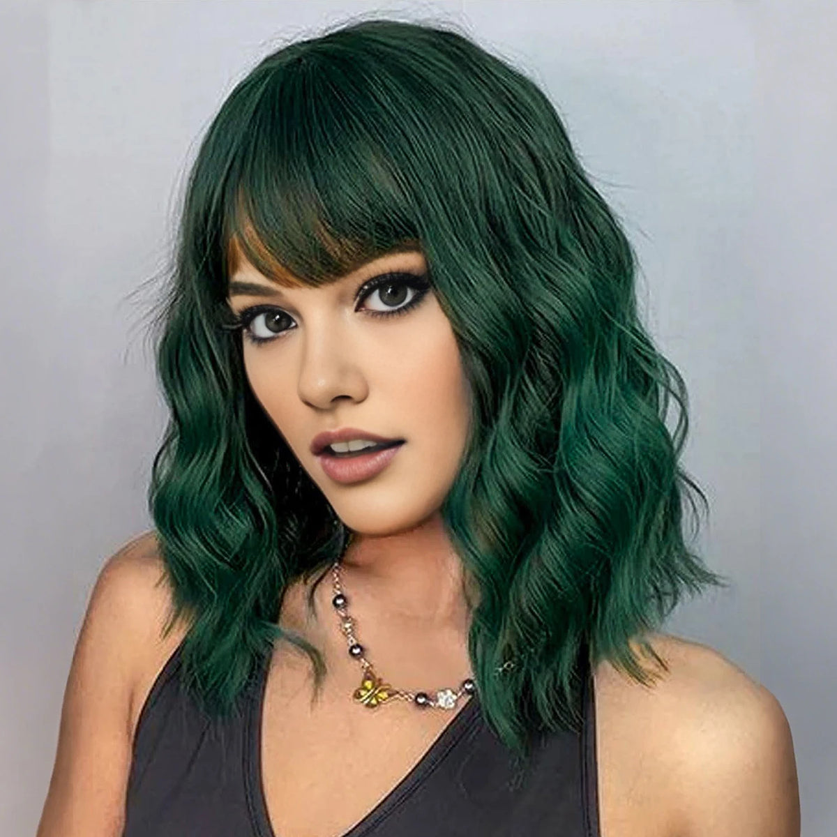 14inch Short Wavy Bob Synthetic Wig with Air Bangs Heat Resistance Shoulder Length Curled Wigs for Daily Use Cosplay for Women