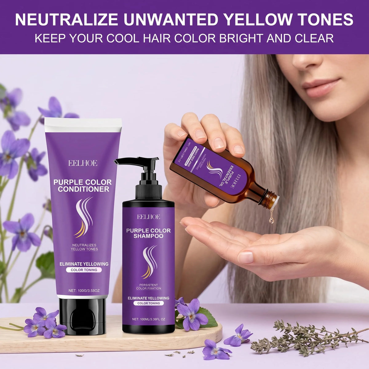 Purple Shampoo Set With Conditioner Hair Oil Serum Color Protecting Nourishing Moisturizing Smoothing For Dry Damaged Hair Care