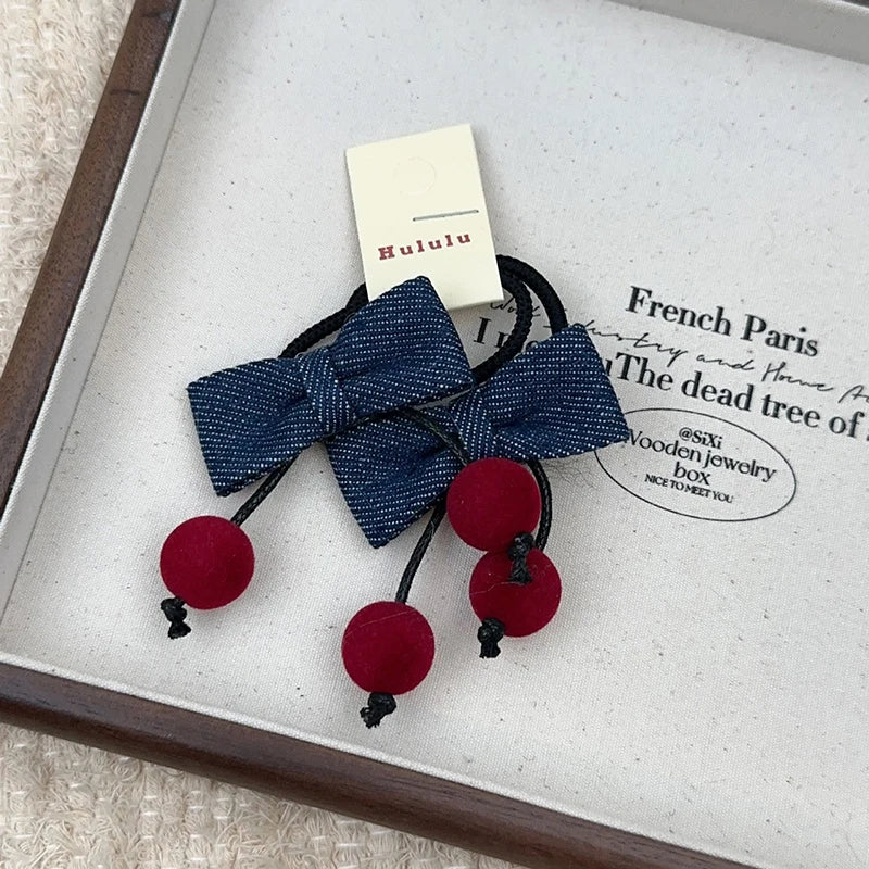 Winter Denim Fabric Cherry Bow Children's Hairpin Cute Girl Hair Band Christmas Decoration Headgear Hairpin New Year Gifts