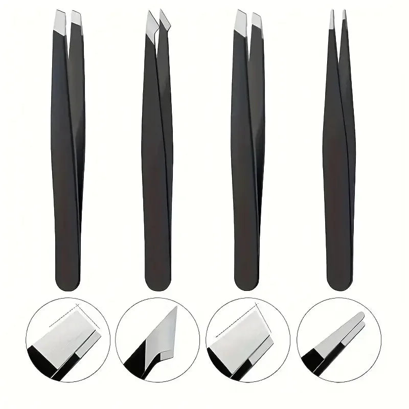 4-in-1 Precision Tweezers Set, Stainless Steel, Multi-Tip, Perfect for Eyebrow & Hair Removal