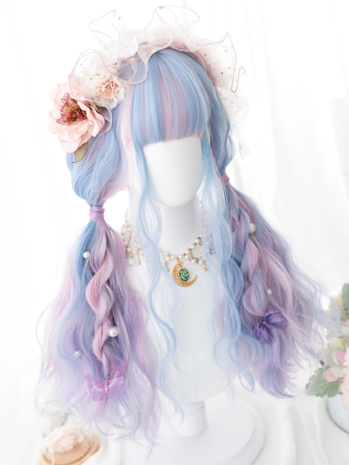 26Inch Blue Pink Purple Trichromatic Color Synthetic Wigs With Bang Long Natural Wavy Hair Wig For Women Cosplay Heat Resistant