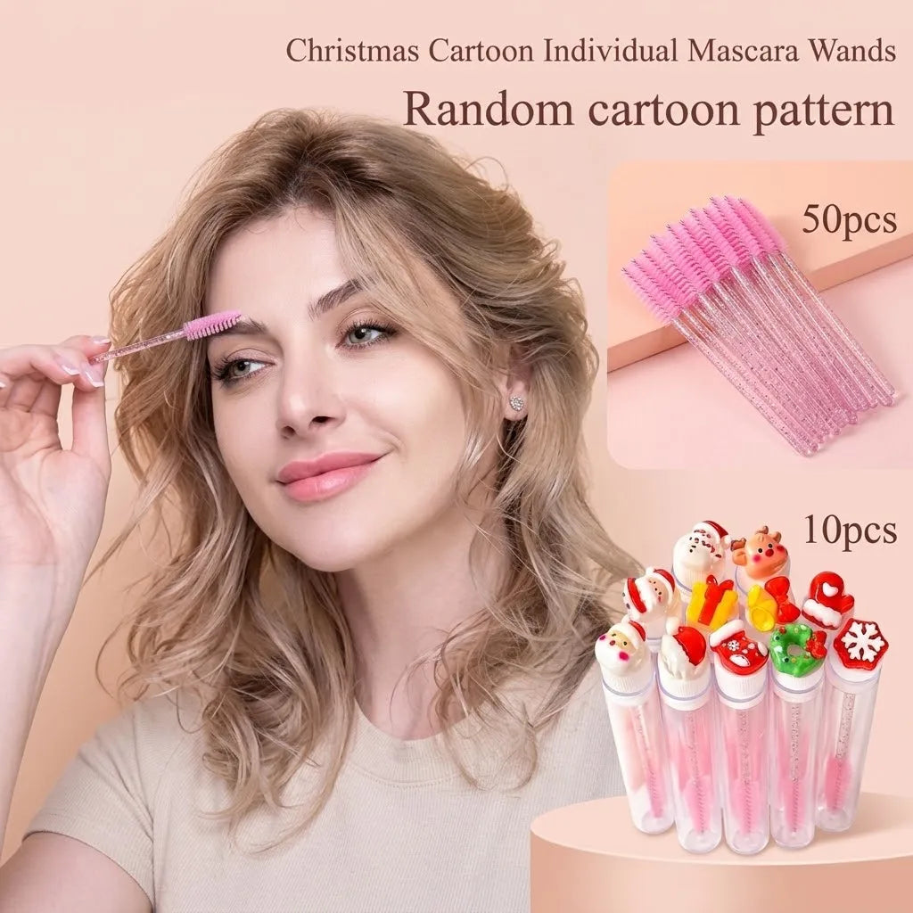 10PCS Christmas Mascara Wand in Tube with 50pcs Nylon Bristles for Eyelash Extension and Replacement Eyelash Brush Eyelash Comb