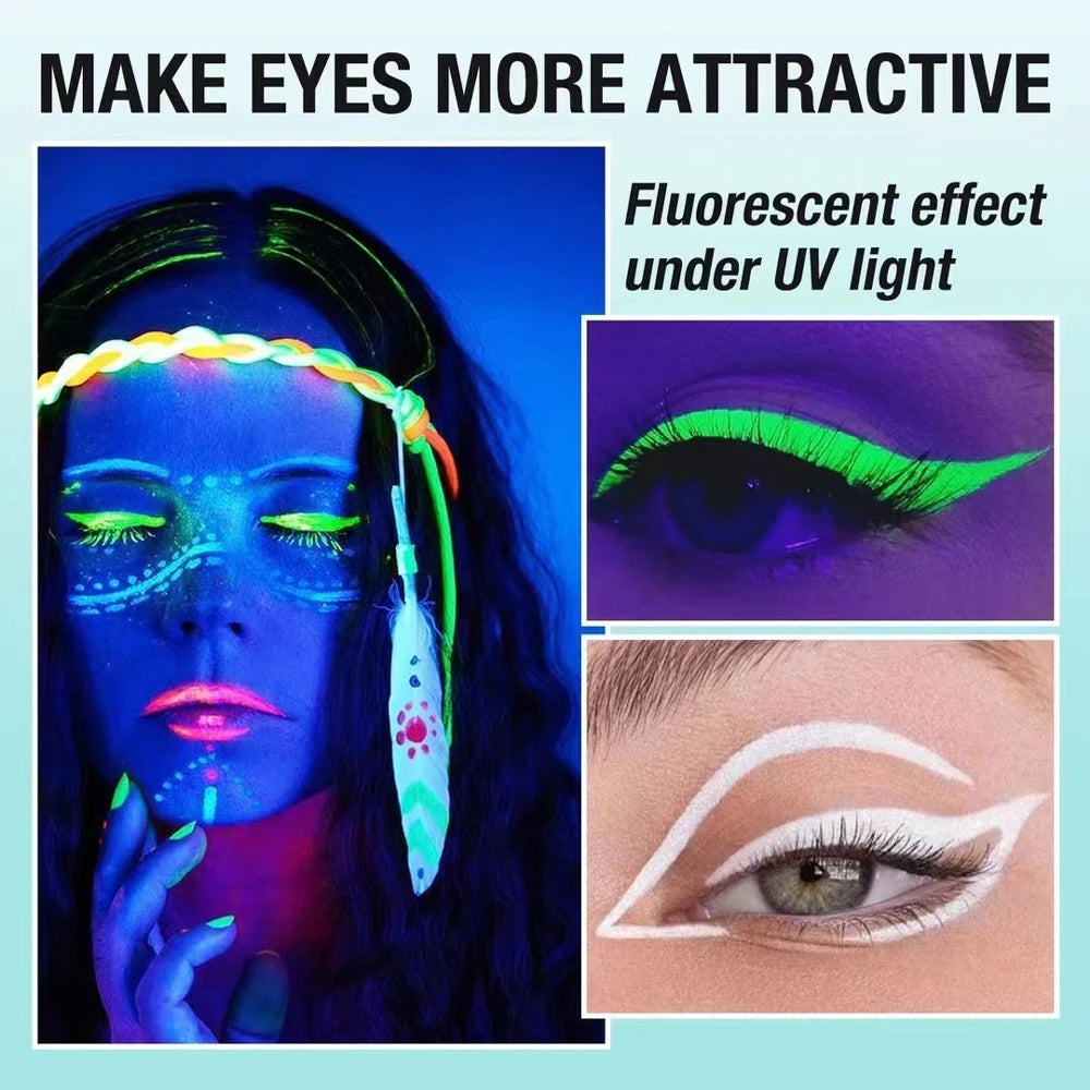 6Pcs Neon Fluorescent UV Glow Eyeliner, Waterproof Long Lasting Colorful Liquid Eye Liner, Rave Party Halloween Makeup Tools