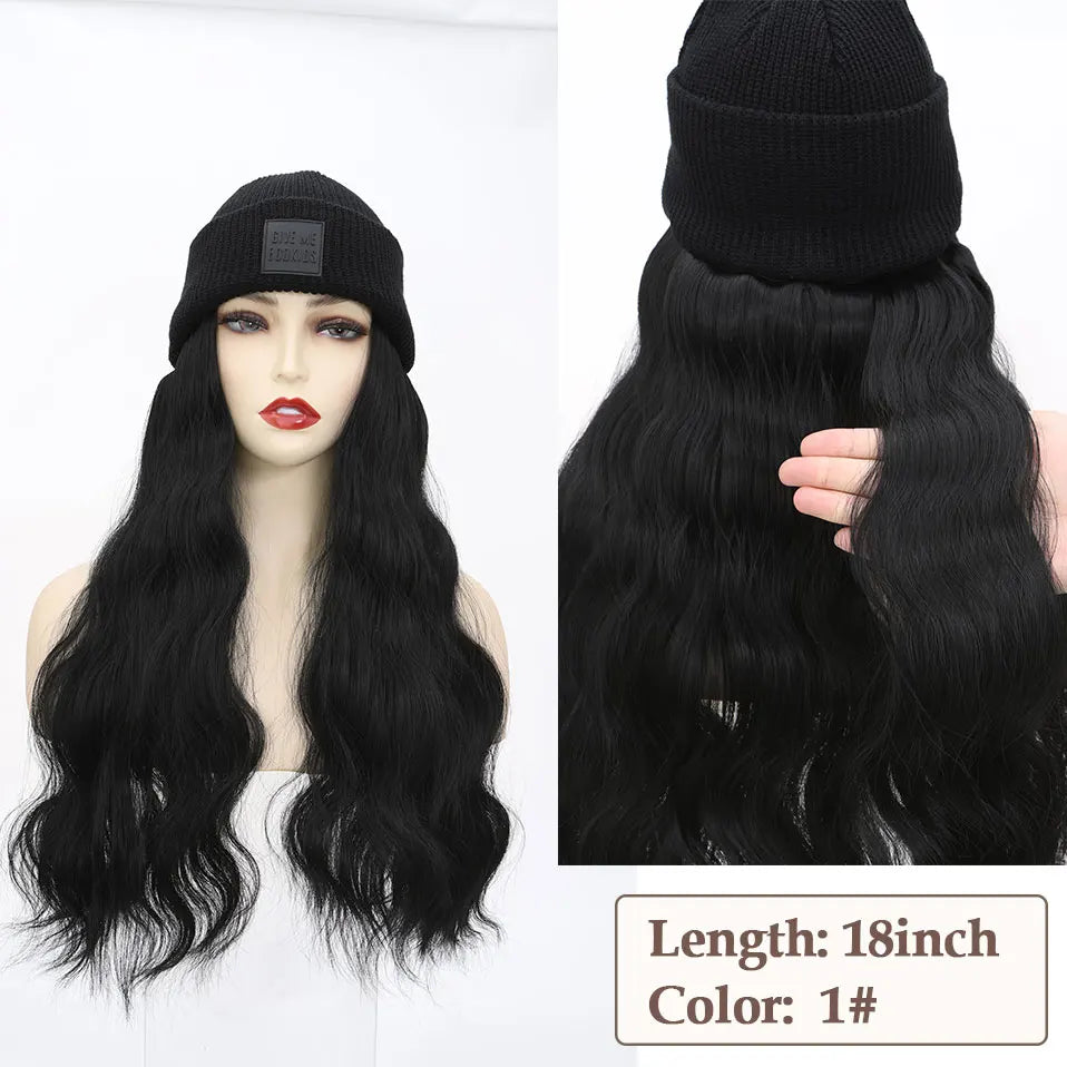 Hat Wig Knitted Beanie Wig Hat Hair Extension 11''18'' Long Wavy Curly Black Hat Wig Synthetic Hairpiece for Women Girls Winter