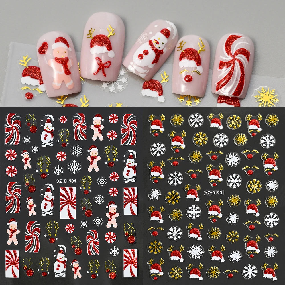 12Pcs Red Glitter Christmas Nail Sticker Gold Silver 3D Santa Claus/Snowflake/Elk/Snowman Winter Nail Decals Xmas Festival Decor