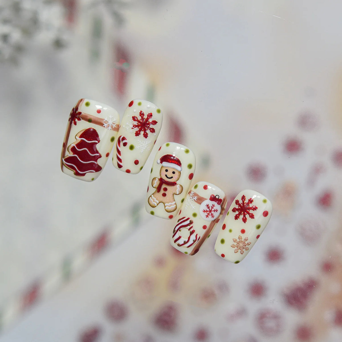 5D Embossed Red Jelly Christmas Gingerbread Man Nail Stickers Snowflake Candy Cane Xmas Tree Nail Decals Holiday Manicure Decor