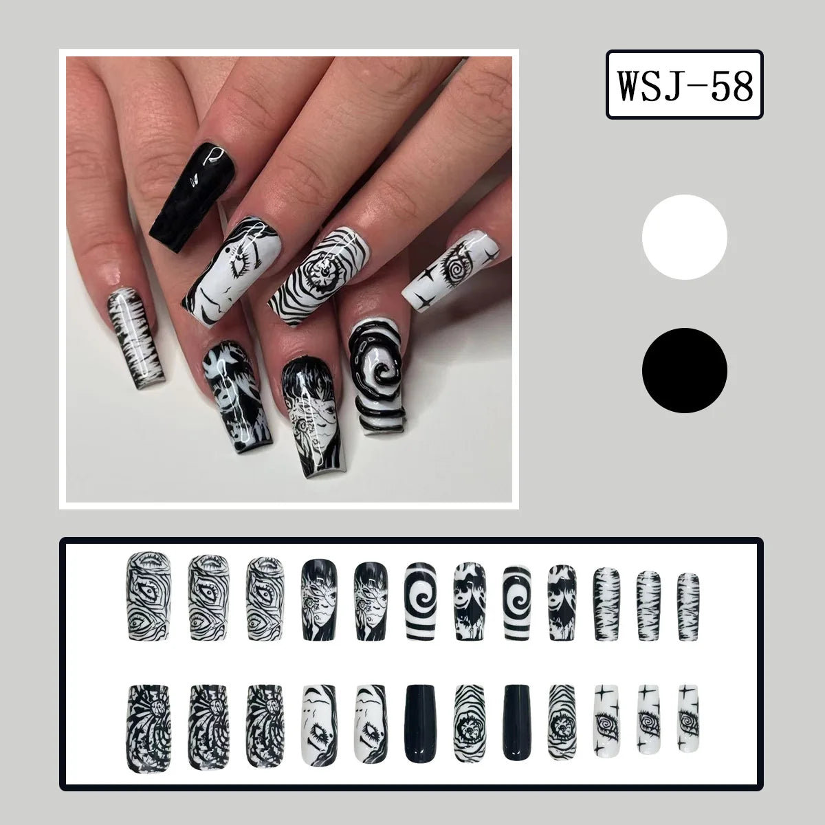24pcs Gothic Punk Fake Nail Tips Black Ant Centipede Print Coffin Head Press on Nails Wearable European Halloween  False Nails