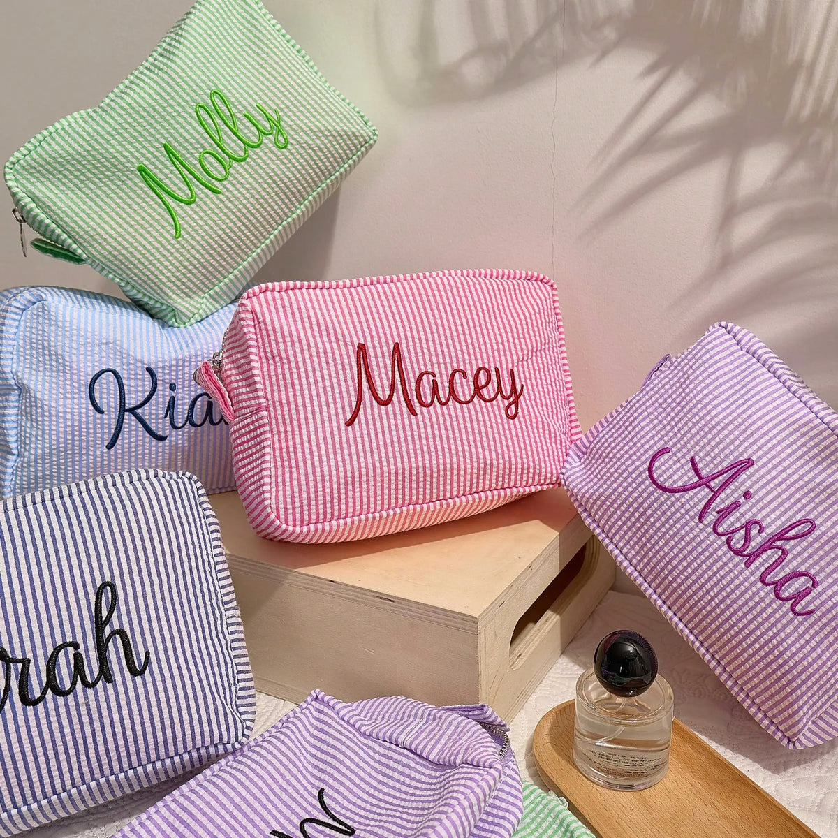 Personalized Striped Cosmetic Bag with Custom Text Embroidery Portable Travel Wash Bag Storage Pouch for DIY Makeup Skincare