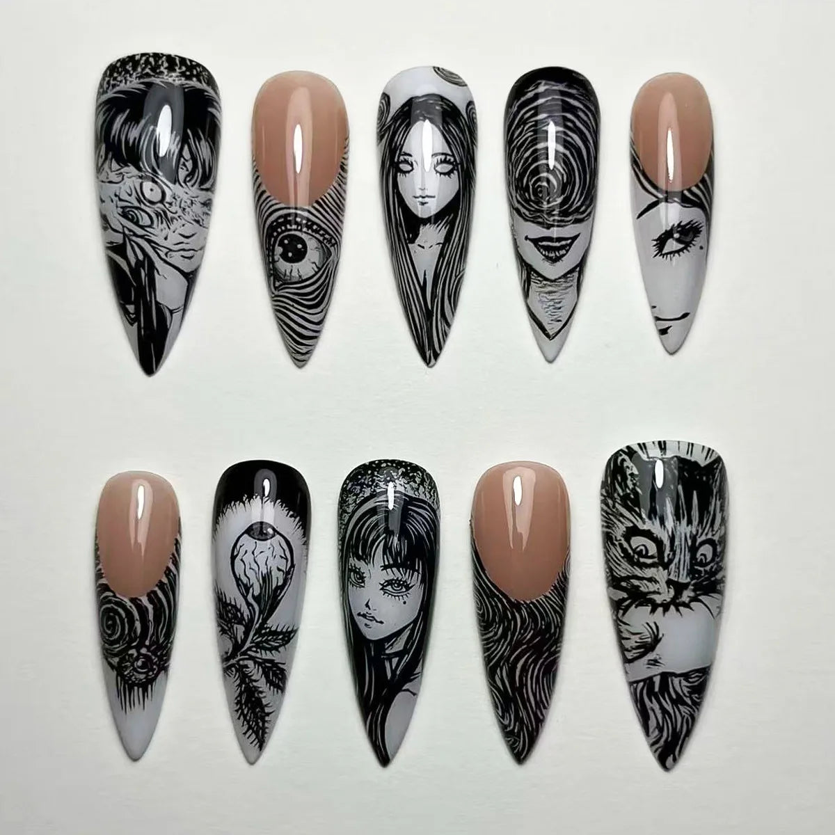24pcs Horror Manga Press on Nails Halloween Face Eye Swirl Thorn Cat Fake Nail Gothic Spooky Long Stiletto False Nail for Women