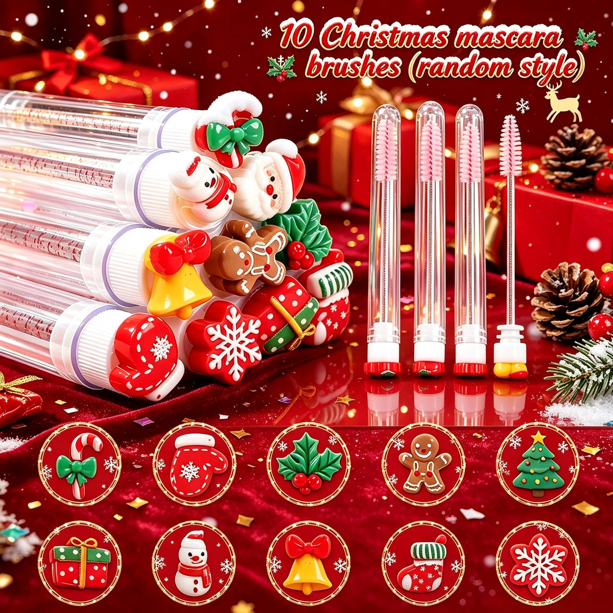 10Pcs Christmas Mascara Wands Eyelash Brushes Spoolies Lash Extension Tools Eyebrow Applicator Makeup Supplies Xmas Gift for Her