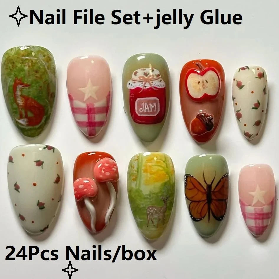 24PCS Cute Cartoon Red Apple False Nails Green Polka Dots Plaid Patterns French Fake Nails Tip Sweet Fruit Almond Nails Press On