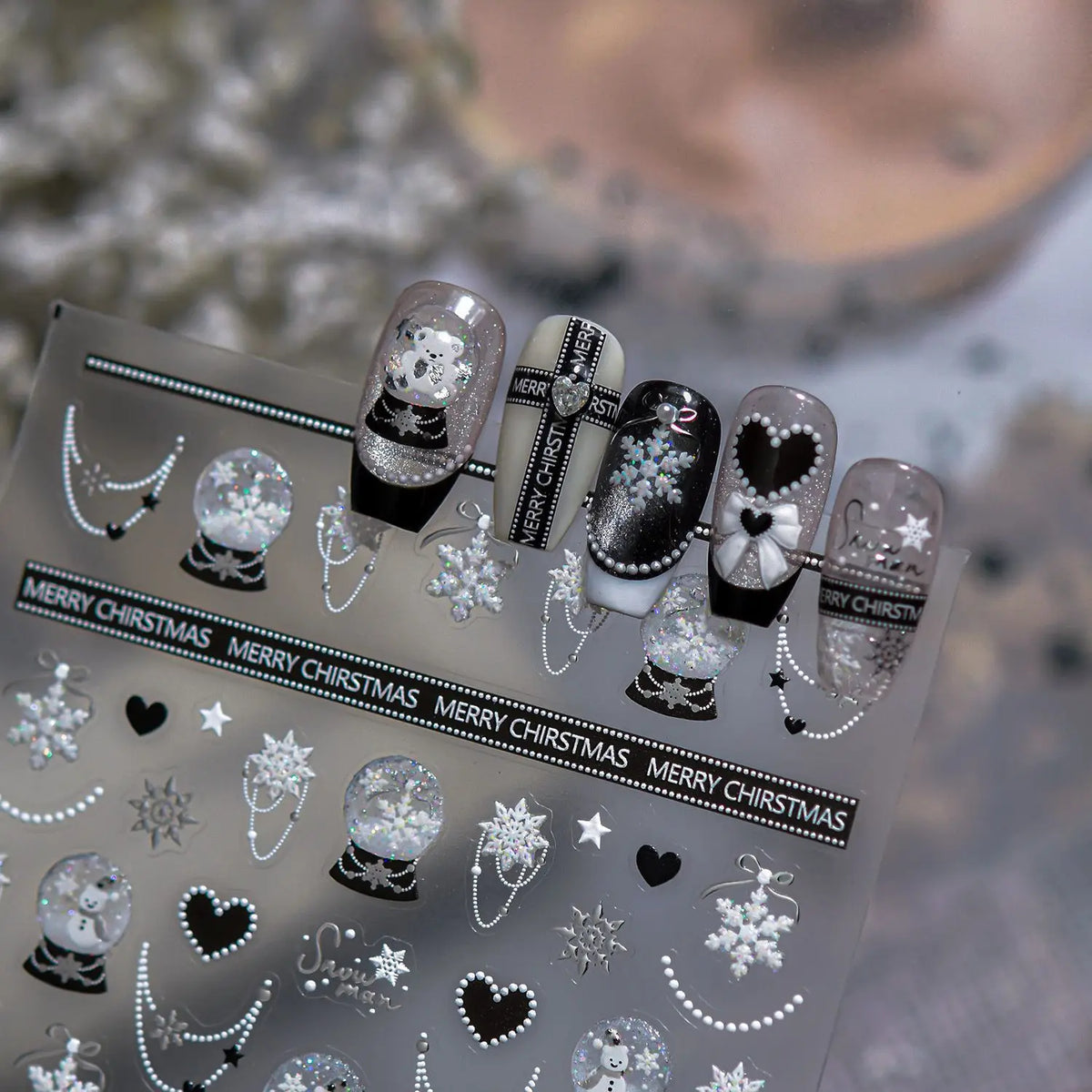 Christmas Balls Bear Bow Metal Nail Stickers Nail Art Accessories Xmas Self-adhesive Stickers DIY Nails Art 3D Decoration Decals