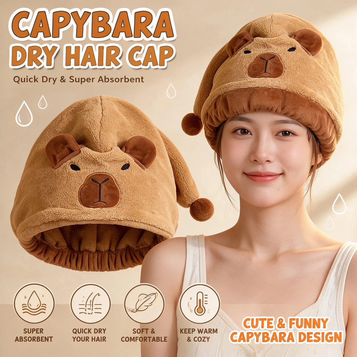 Capybara Dry Hair Cap Coral Fleece Quick Dry Towel Super Absorbent Head Turban Cute Animal Hair Wraps for Women
