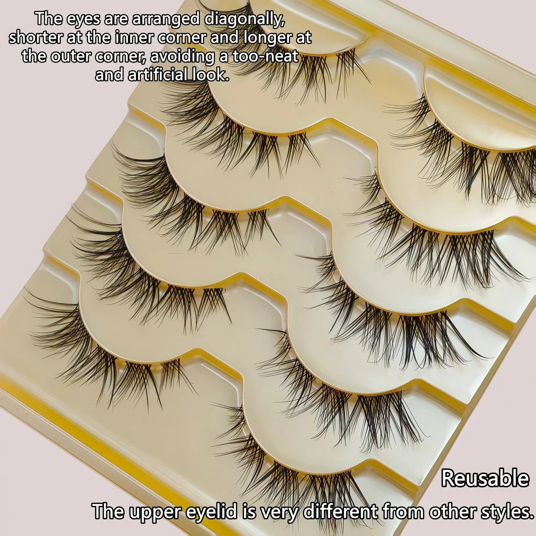 5 Pairs European Style Cold Fox Eye Slanted Full Strip Clear Band False Eyelashes For Daily Halloween Christmas Black Fr