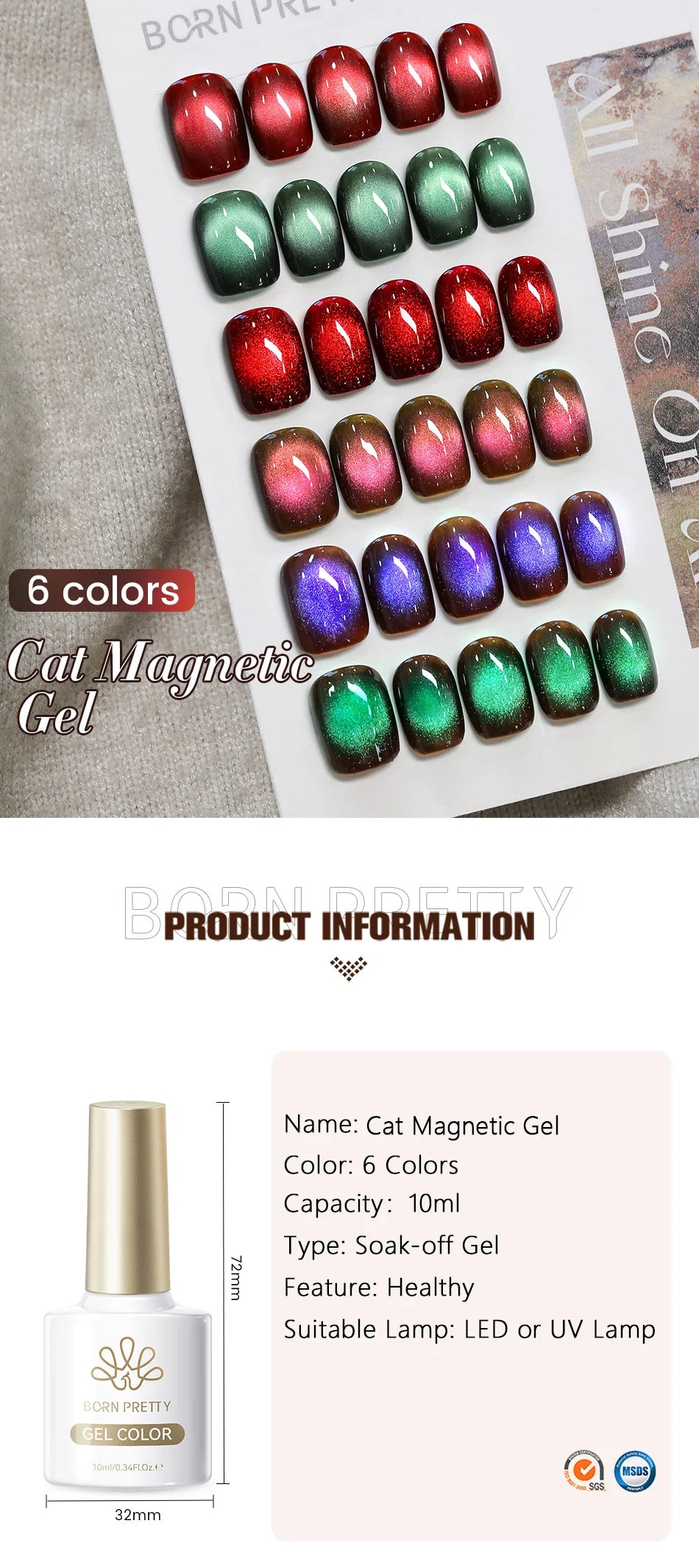 BORN PRETTY 10ml Red Glass Bead Cat Magnetic Gel Ultra Shine Semi Permanent Soak Off UV Gel Christmas Manicure Nail Art Varnish