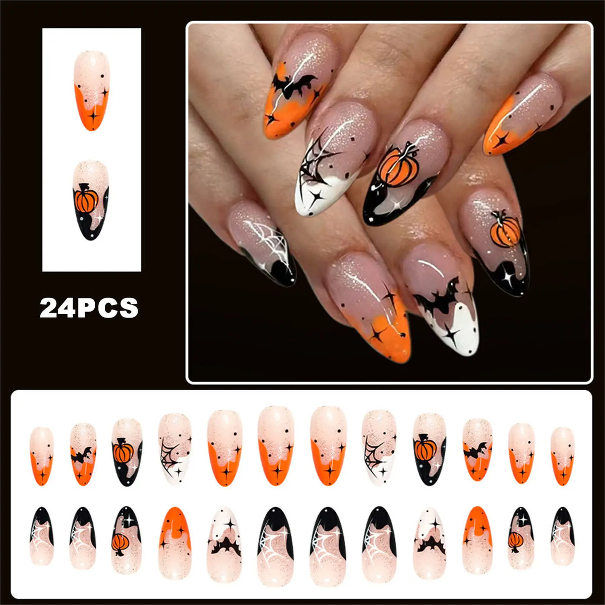 Press On Nails Resin Spider Web Pumpkin Fake Nails Easy Application for Halloween Party Costume Gothic Style 24Pcs Durable