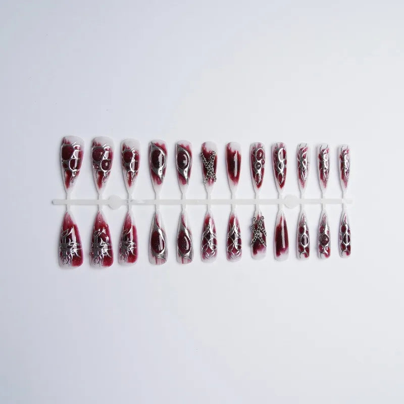24PCS Gothic Red Smudging Long Stiletto Fake Nails 3D Metallic Silver Chain French Press on Nails Full Cover Halloween Nail Tips