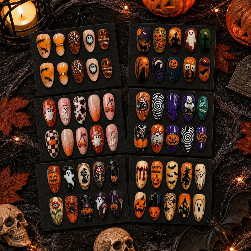 6 Sets Halloween Style Almond-Shaped Press On Nails with of 3D Embossed Pumpkin Bat Checkerboard Ghost Acrylic Fake Nail