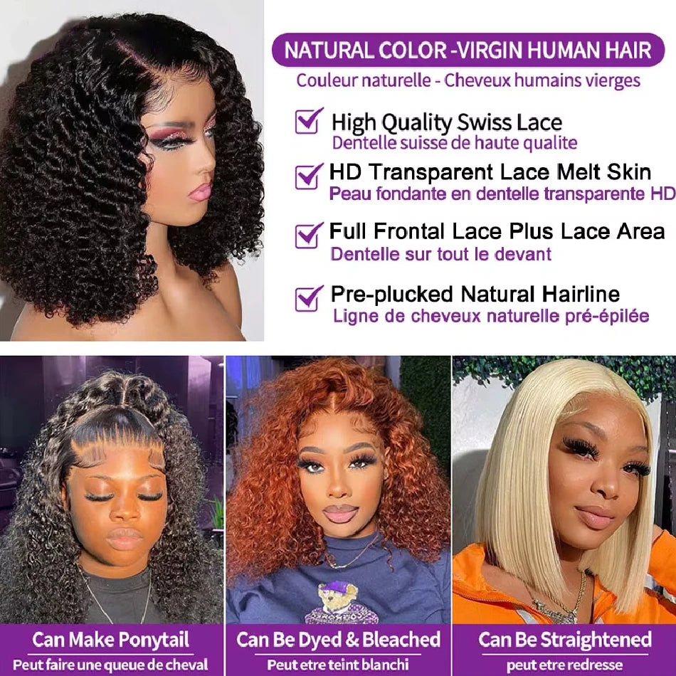 Curly Bob Wig 13x4 Lace Front Wigs Pre Plucked 250% Density Mongolian Glueless HD Kinky Curly Bob Lace Frontal Wigs Wet and Wavy