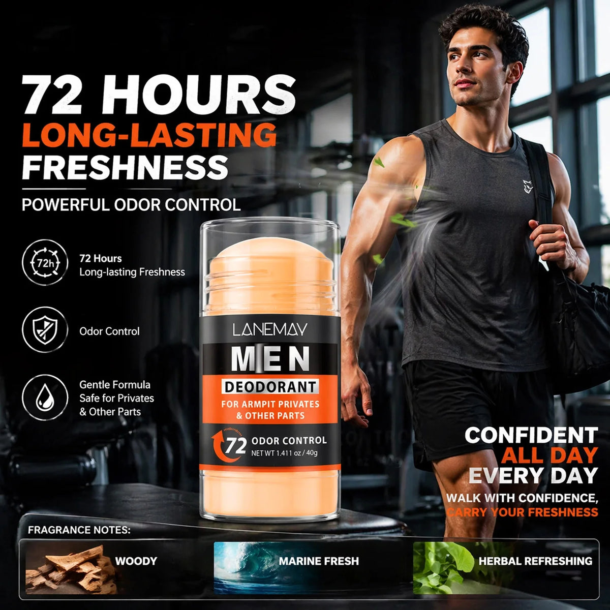 Men's 72HR Odor Control Deodorant Stick for Armpit, Privates & Other Parts, 40g, Long-Lasting Freshness