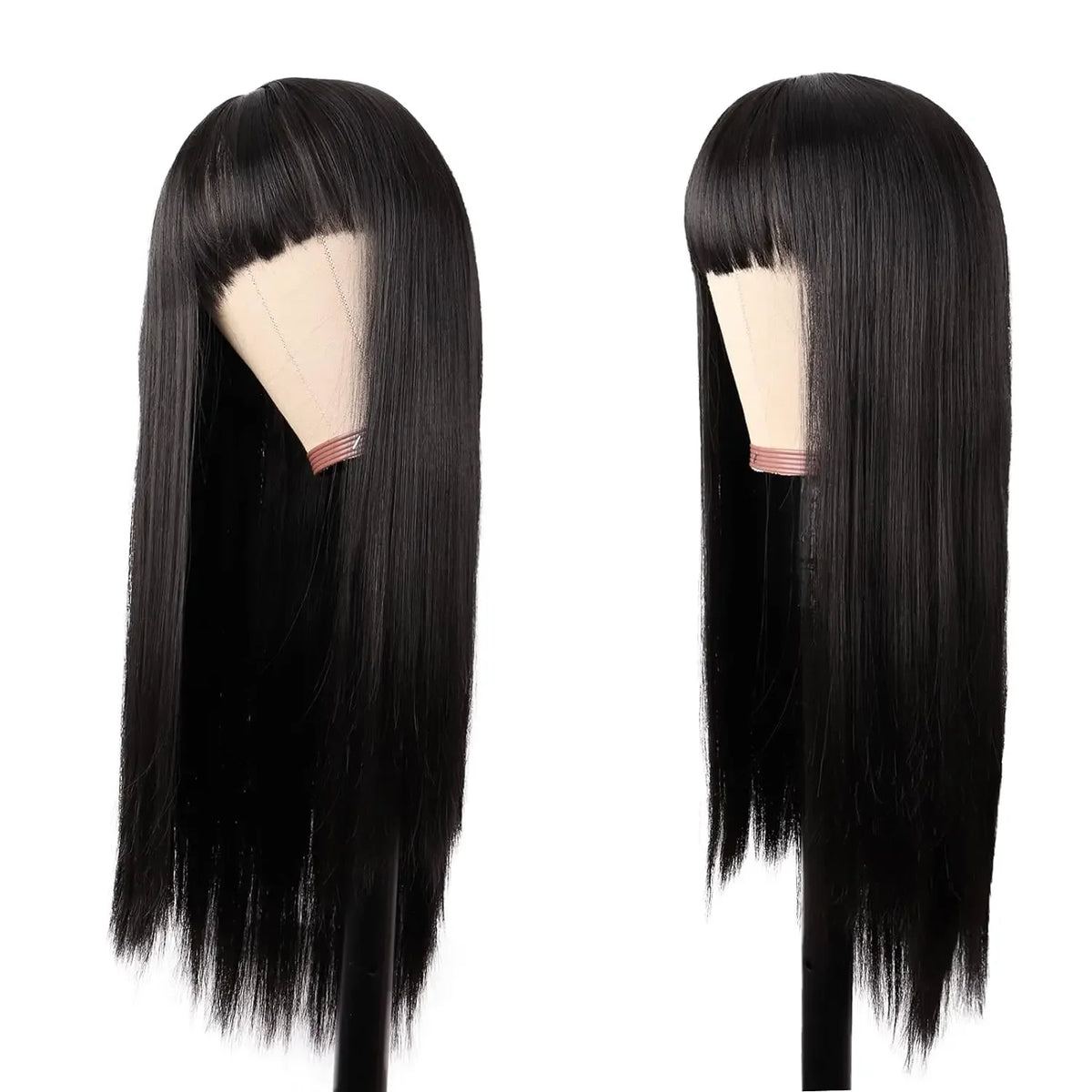 Women Long Straight with Flat Bangs Synthetic Hair Heat Resistant Fiber Hair for Party Cosplay Wig Black Wigs Women