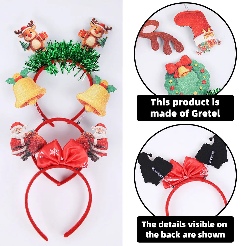 3D Flat Snowman Reindeer Christmas Headband with Antler Bow Hair Clip Festive Christmas Decoration Headwear for Parties