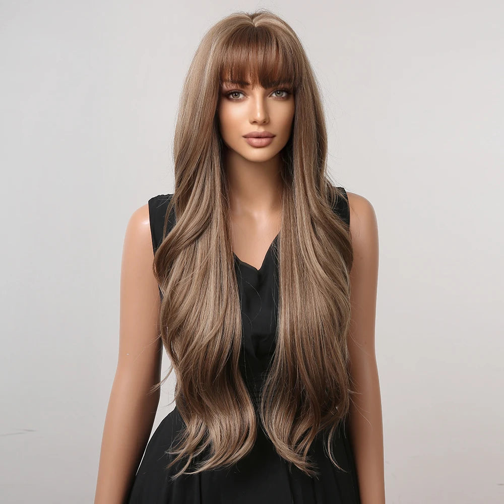 HAIRCUBE Brown Mixed Blonde Synthetic Wigs with Bang Long Natural Wavy Hair Wig for Women Daily Cosplay Use Heat Resistant